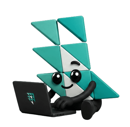 Working Corely mascot using a laptop